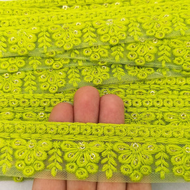 Green Net Lace Trim With Floral Embroidery And Gold Sequins, Sequinned Trim, Wedding Trim Bridal Trim
